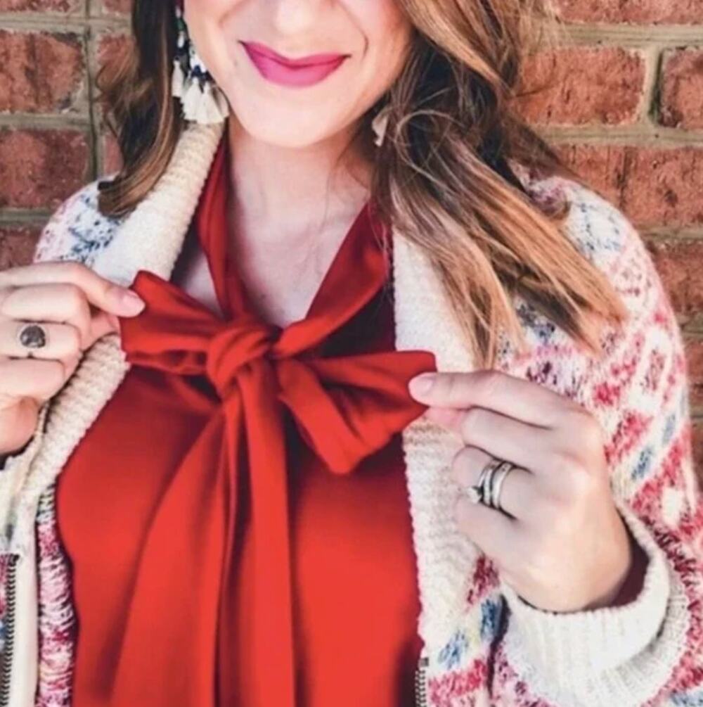 CAbi 3804 Tess Tee Cherry Red Bow Neck Long Sleeve Blouse M Holiday Christmas
